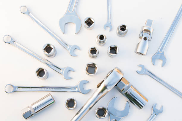 istock Large group of wrenches, professional kit, different wrenches on the white background 1368143986