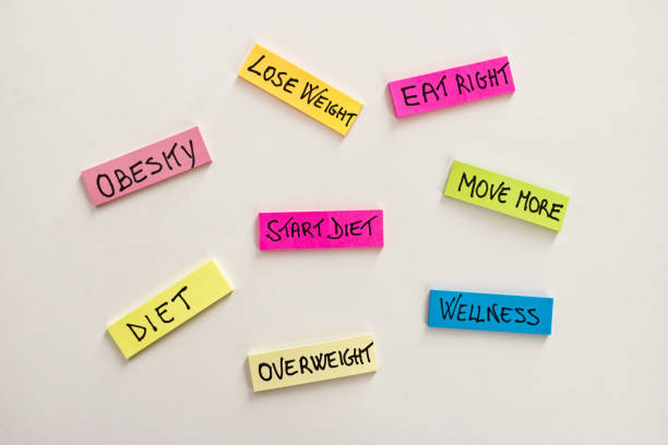 Colorful stickers with Diet text and keywords. Sticky notes posted on white background with Diet and lose weight concept.