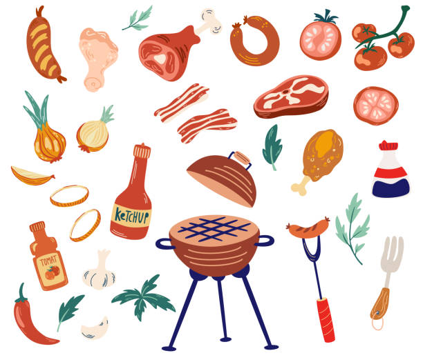 illustrations, cliparts, dessins animés et icônes de griller. soirée barbecue, grill ou pique-. collection de matériel de barbecue, grill, brochette, saucisses, assaisonnements, poulet et viande, légumes et sauce isolés sur blanc. illustration vectorielle - barbecue grill chef barbecue sausage