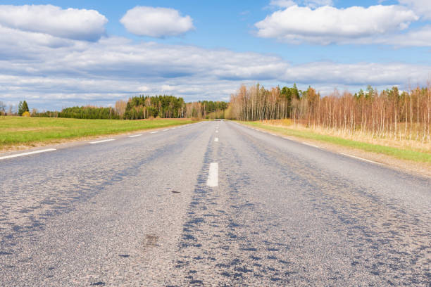 istock Asphalt road field and forest sunny white cloud blue sky shot. 1368145509
