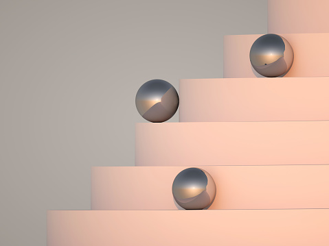 Abstract geometric installation with metal balls on pink spiral podium, digital graphic background, 3d rendering illustration