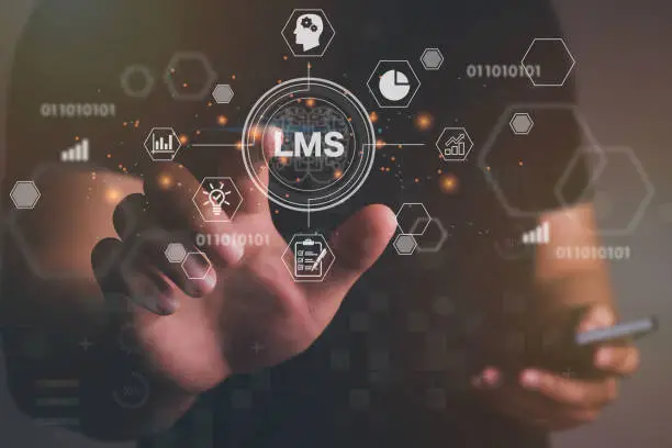 Photo of Man hand touching virtual screen to  LMS - Learning Management System web icon for lesson and online education, course, application, study, e learning, knowledge everywhere and every time.