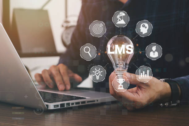 istock Horizontal banner close up successful businessman holding light bulb, LMS - Learning Management System web icon for lesson and online education, course, application, study, e learning. 1368145766