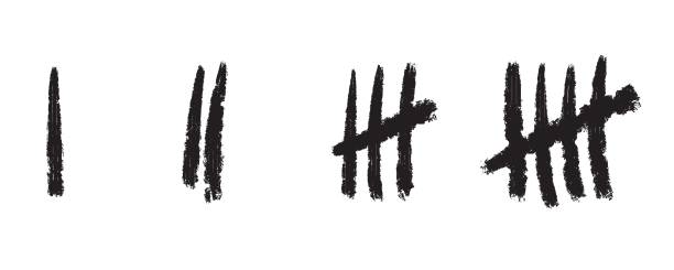 палки Five black tally counting marks. Tally strokes. Lines symbol count. Lines counting to 5 run into wall stock illustrations