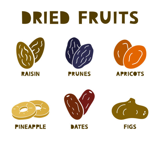 Dried fruits, silhouette icons set. Raisin, prunes, apricot, fig, pineapple, dates Dried fruits, silhouette icons set. Raisin, prunes, apricot, fig, pineapple, dates. Color hand drawn elements on white background raisin stock illustrations