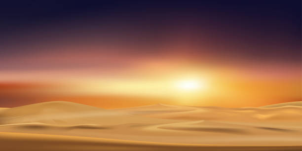 istock Sunset at desert landscape with sand dunes with orange sky in evening,Vector illustration beautiful nature with sunrise in the morning,Banner background for Islam,Muslim for Eid Mubarak,Eid al fitr 1368147830