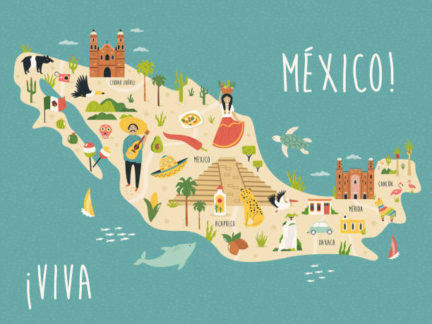 Vector illustration map with famous landmarks, symbols of Mexico. Vector illustration map with famous landmarks, symbols of Mexico. Bright design for tourist leaflets, magazines, posters. mexico people stock illustrations