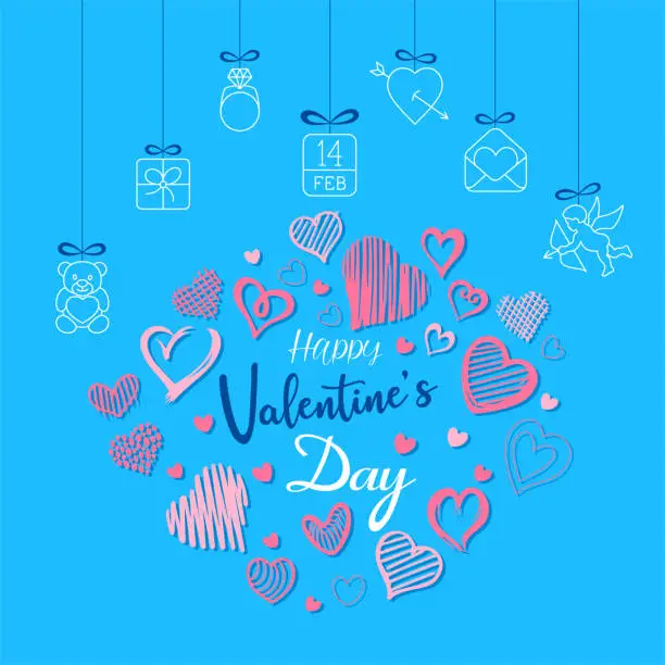 Vector illustration of Happy Valentine's Day banner with hanging icons.