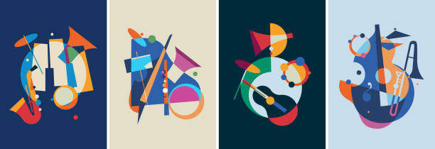 Set of jazz posters. Set of jazz posters. Placard designs in abstract style. wind instrument stock illustrations