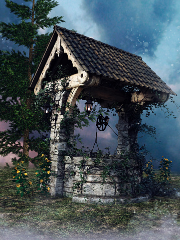 Old wishing well with green vines and yellow flowers at night. 3D render.