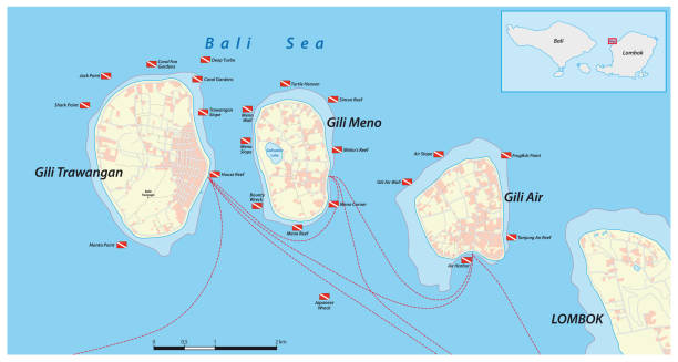 детальная карта архипелага гили, западная нуса-тенгара, индонезия - tenggara stock illustrations