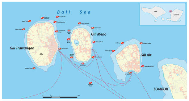 Detailed map of the Gili Archipelago, West Nusa Tenggara, Indonesia Detailed map of the Gili Archipelago, West Nusa Tenggara, Indonesia gili trawangan stock illustrations