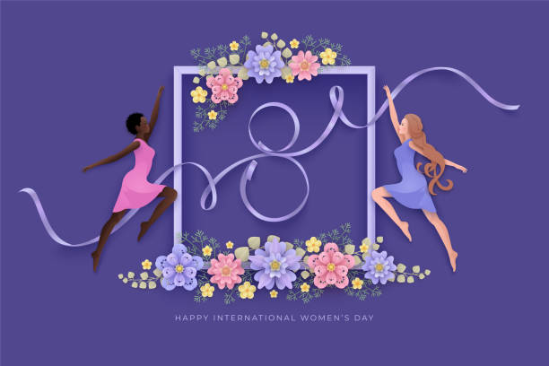 International women’s day greeting card with black and white women Women's Day greeting card with layered flowers, white and black women, ribbon in shape 8. Young girls, abstract flowers, frame in paper cut style on a lilac backdrop day stock illustrations