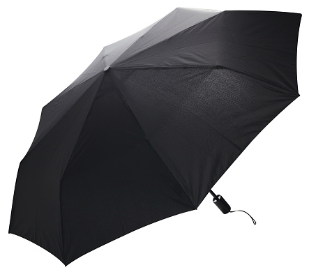 Black open umbrella on white background.
