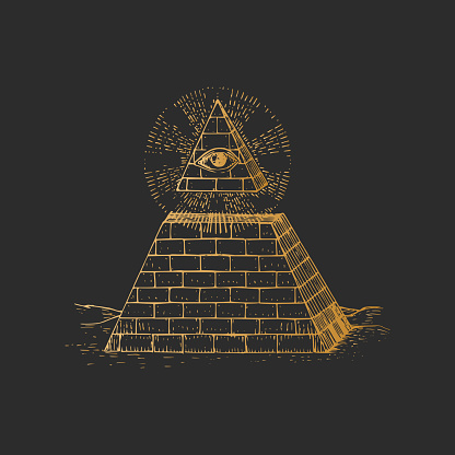 Eye of Providence and Pyramid, vector illustration in engraving style. Vintage pastiche of occult and freemasonry signs. Drawn sketch of magical and mystical symbols.
