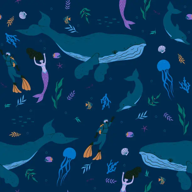 Vector illustration of Seamless pattern with sea animals, divers and mermaids. Vector graphics.