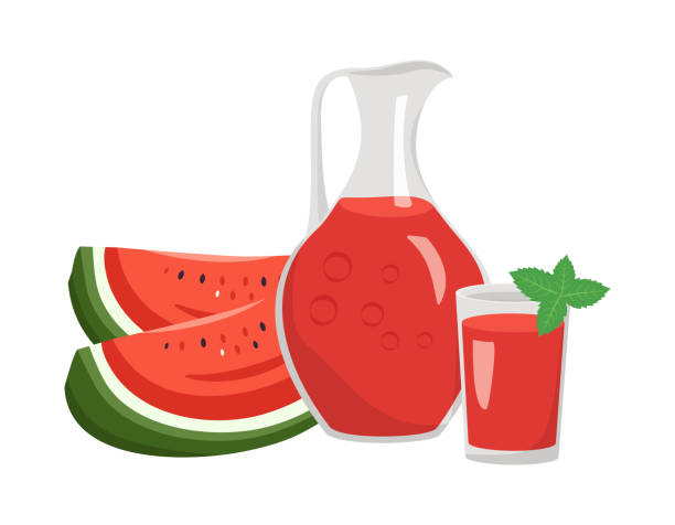 kanne und glas mit wassermelonensaft, obst mit minzblatt - red jug stock-grafiken, -clipart, -cartoons und -symbole