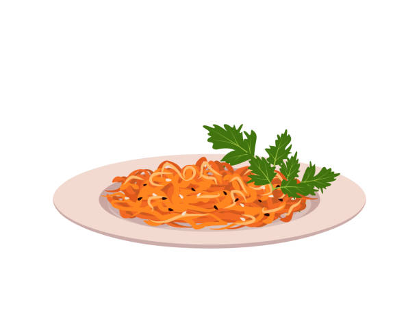 ilustraciones, imágenes clip art, dibujos animados e iconos de stock de ensalada de zanahoria de naranja rallada con semillas de sésamo y hojas de perejil en el plato - food state