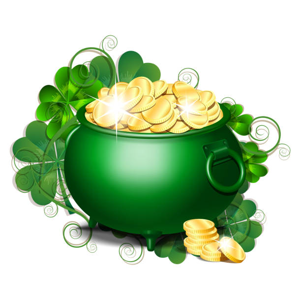 istock Green iron cauldron full of gold coins isolated on white background. 1368161479