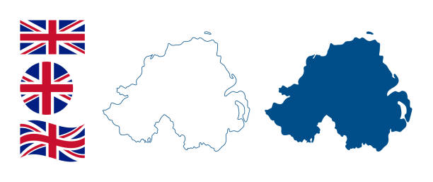 ilustrações de stock, clip art, desenhos animados e ícones de northern ireland map. detailed blue outline and silhouette. country flag. set of vector maps. all isolated on white background. template for design. - northern ireland