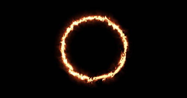 istock Fiery yellow red ring on a black background. Abstract circle of solar flame. 3d image A burning ring of fire gradually appeared and a constant burning in a circle 1368163545