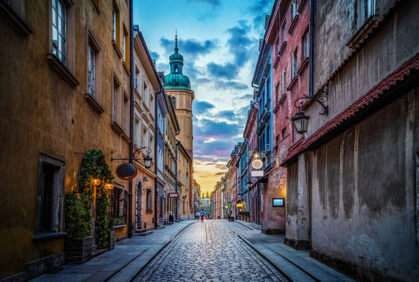 Evening view on Piwna street Warsaw, Poland. View of the old town in the historic center of Warsaw. stock photo