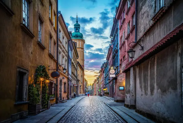 Photo of Evening view on Piwna street Warsaw, Poland. View of the old town in the historic center of Warsaw.