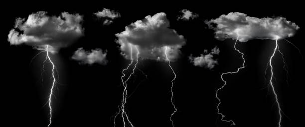 Clouds with lightning isolated on black background. Concept on topic weather, cataclysms (hurricane, Typhoon, tornado, storm).