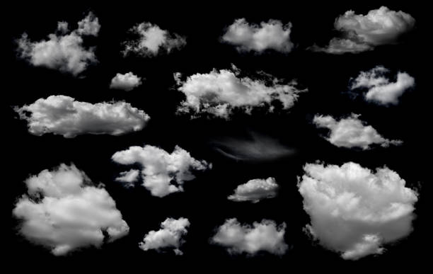 istock Clouds set isolated on black background. White cloudiness, mist or smog background. 1368165236