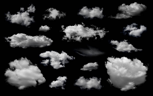 Clouds set isolated on black background. White cloudiness, mist or smog background. stock photo