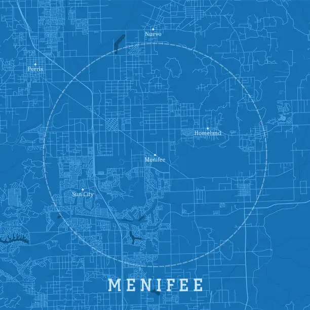 Vector illustration of Menifee CA City Vector Road Map Blue Text
