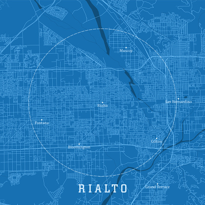 Rialto CA City Vector Road Map Blue Text. All source data is in the public domain. U.S. Census Bureau Census Tiger. Used Layers: areawater, linearwater, roads.