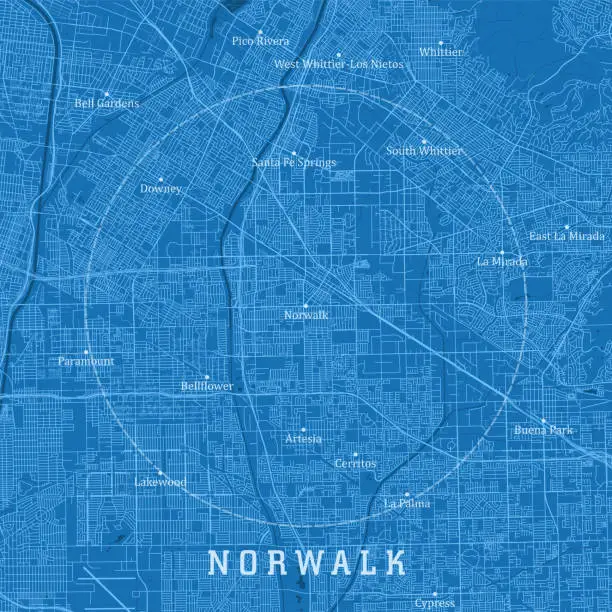 Vector illustration of Norwalk CA City Vector Road Map Blue Text