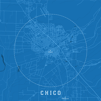 Chico CA City Vector Road Map Blue Text. All source data is in the public domain. U.S. Census Bureau Census Tiger. Used Layers: areawater, linearwater, roads.