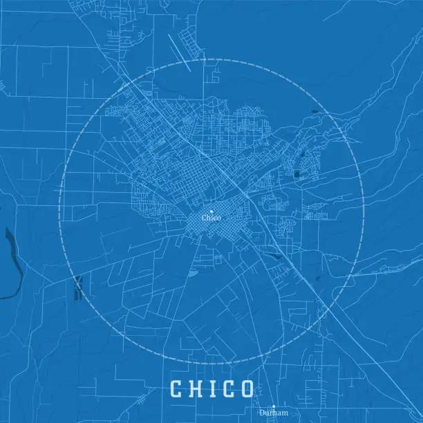 Vector illustration of Chico CA City Vector Road Map Blue Text