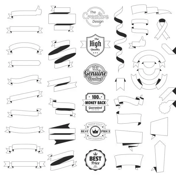 Vector illustration of Set of Ribbons, Banners, badges, Labels (outline, line art) - Design Elements on white background