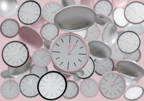 Time theme: pink and silver watches. One sharp in the foreground and many blurred ones in the background all with the time 5/12. 3d rendering