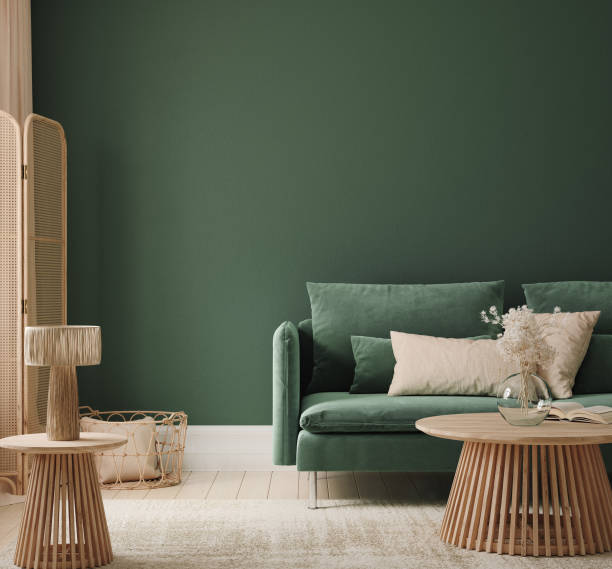 istock Home interior mock-up with green sofa, table and decor in living room 1368166907