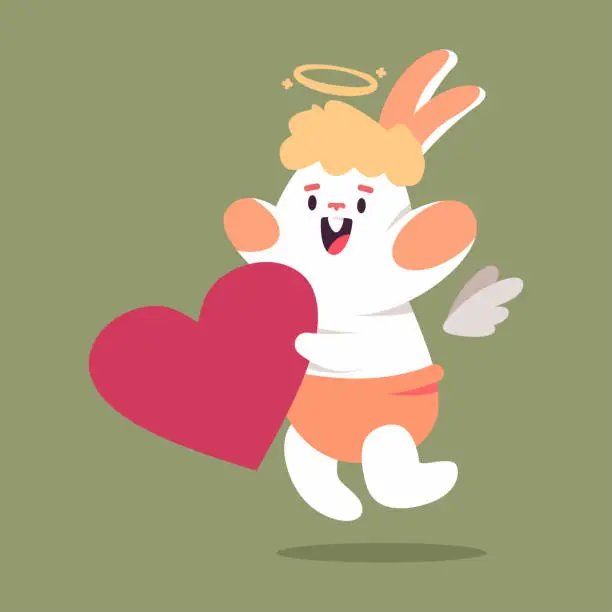 Vector illustration of Cute cupid rabbit with red heart vector cartoon Valentines day character isolated on background.