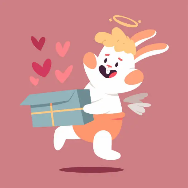 Vector illustration of Cute cupid rabbit with gift box and hearts vector cartoon Valentines day character isolated on background.