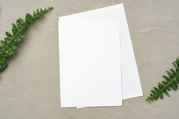 istock Paper envelope with white blank paper note and plant leaves on table 1368168972