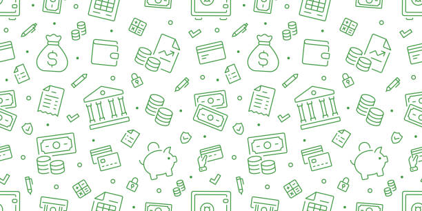pieniądze zielony bezszwowy wzór. tło wektorowe zawiera ikony linii, takie jak skarbonka, portfel, karta kredytowa, moneta, banknot, torba, gotówka, finanse, piktogram konspektu paragonu dla bankowości - money stock illustrations