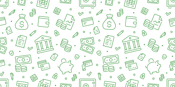 Money green seamless pattern. Vector background included line icons as piggy bank, wallet, credit card, coin, banknote, bag, cash, finance, receipt outline pictogram for banking.