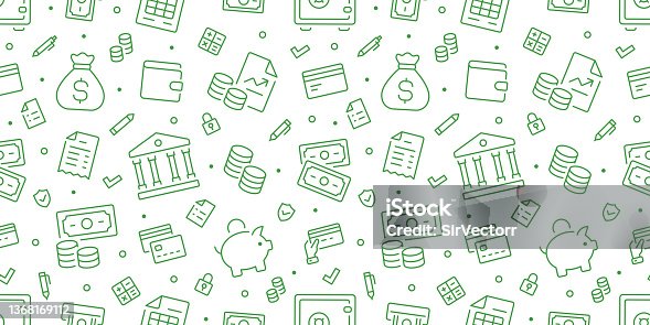 istock Money green seamless pattern. Vector background included line icons as piggy bank, wallet, credit card, coin, banknote, bag, cash, finance, receipt outline pictogram for banking 1368169112