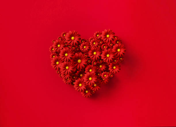 istock Valentine's Day Concept - Red Daisies Forming A Red Heart Shape Over Red Background 1368169977