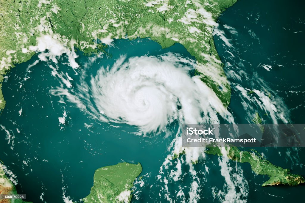 Hurricane Ida 2021 Topographic Map 3D Render Color 3D Render of the clouds of Hurricane Ida (Aug 28, 2021) on a  Topographic Map of the Gulf of Mexico. All source data is in the public domain.Cloud texture: VIIRS, NOAA-20 courtesy of NASA.https://worldview.earthdata.nasa.govColor texture: Made with Natural Earth. http://www.naturalearthdata.com/downloads/10m-raster-data/10m-cross-blend-hypso/Relief texture: SRTM data courtesy of NASA JPL (2020).  https://e4ftl01.cr.usgs.gov//DP133/SRTM/SRTMGL3.003/2000.02.11Water texture: SRTM Water Body SWDB:https://dds.cr.usgs.gov/srtm/version2_1/SWBD/ Hurricane - Storm Stock Photo