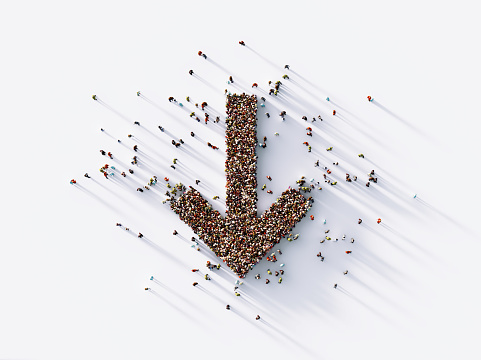 Human crowd forming a down arrow shape on white background. Horizontal  composition with copy space. Clipping path is included.