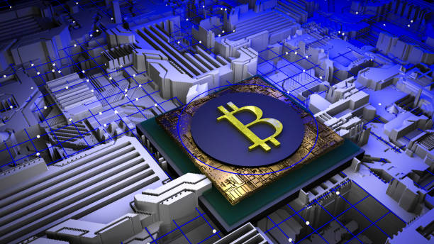 Cryptocurrency and mining concept. 3d Sign of bitcoin on the cpu processor of a computer in neon light. Cryptoeconomics, virtual money, earnings, business idea. High quality 3d illustration
