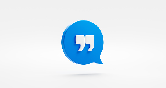Texto azul cita discurso 3D icono de coma cita palabra mensaje burbuja símbolo o información opinión comentario diálogo conversación signo y citación retroalimentación chat mención marca plana aislada sobre fondo blanco. photo