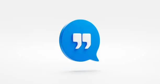 Blue text quote speech 3d icon of comma quotation word message bubble symbol or information opinion comment talk dialog sign and citation feedback chat mention mark flat isolated on white background.